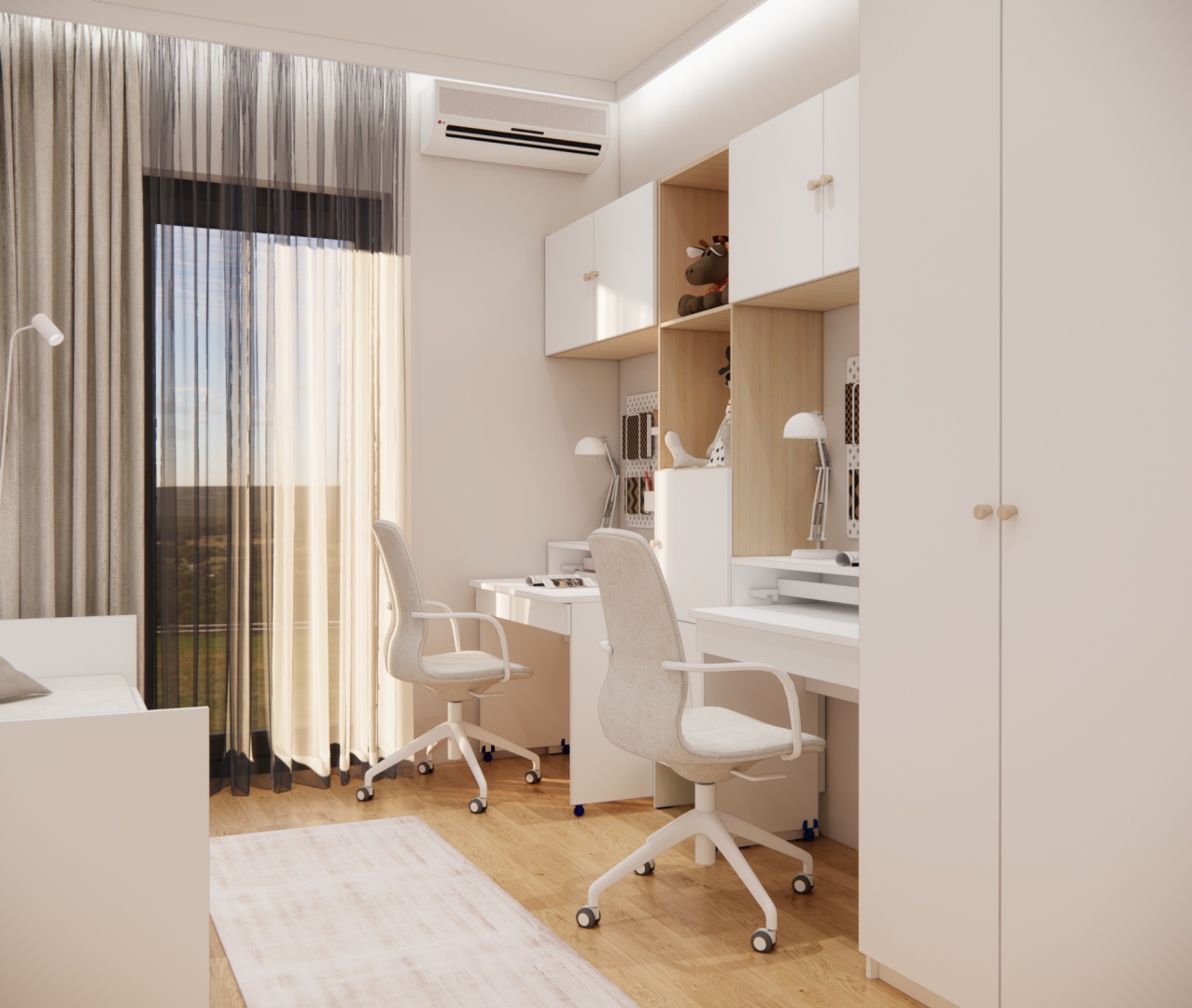 Pokój dla dwóch dziewczynek z podwójnym biurkiem i jasnymi meblami na tle dużego okna z zasłonami.